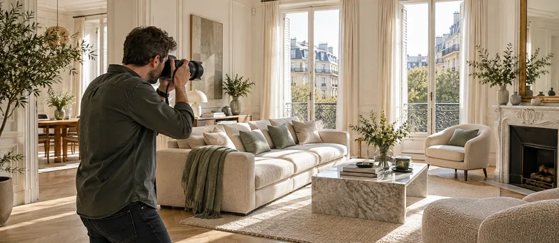 Un photographe réalise les photos d’un intérieur lumineux.